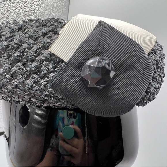 Vintage Roberta Bernay's pill box hat black woven ribbon button - Picture 3 of 8